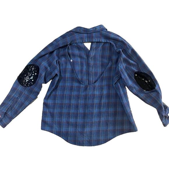 Furst of a Kind Womens Medium Button Up Flannel Shirt Back Cut Out Sequin Elbows - Picture 8 of 8